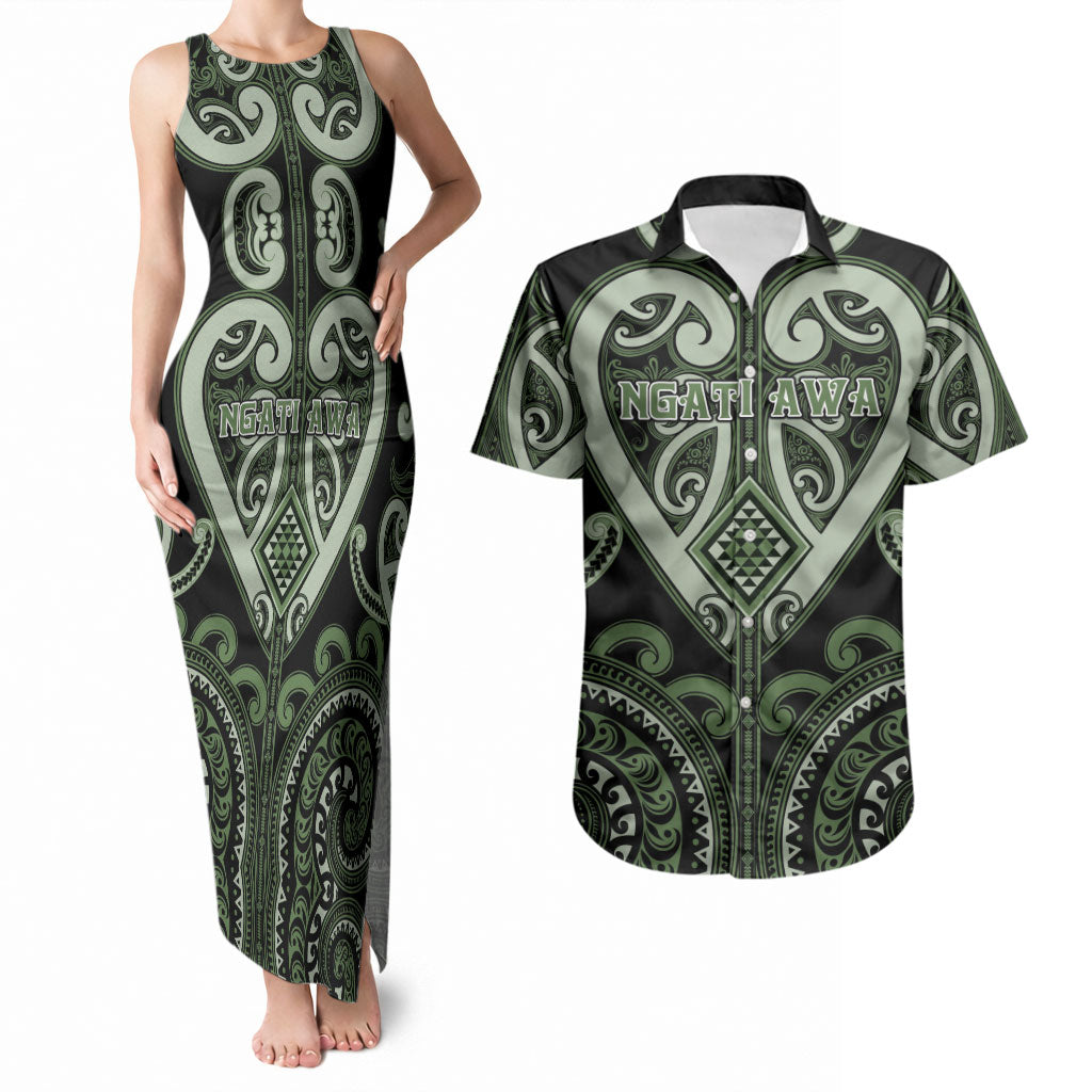 Custom Aotearoa Ngati Awa Couples Matching Tank Maxi Dress and Hawaiian Shirt Maori Tribal Pattern LT05 Green - Polynesian Pride
