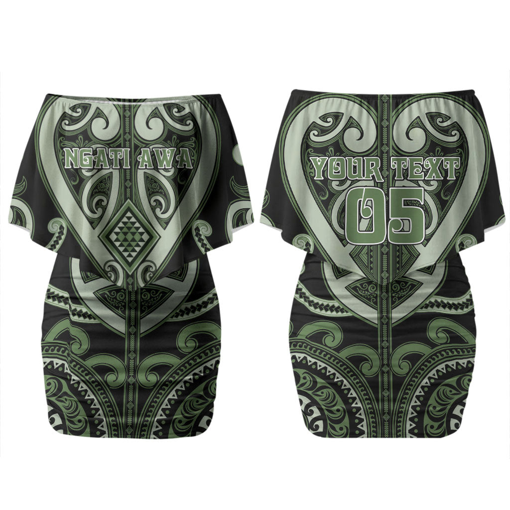 Custom Aotearoa Ngati Awa Family Matching Off Shoulder Short Dress and Hawaiian Shirt Maori Tribal Pattern LT05 Mom's Dress Green - Polynesian Pride