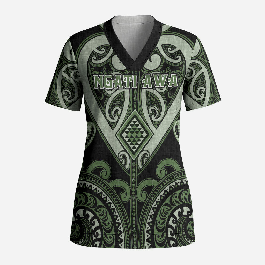 Custom Aotearoa Ngati Awa Scrub Top Maori Tribal Pattern LT05 Adult Green - Polynesian Pride
