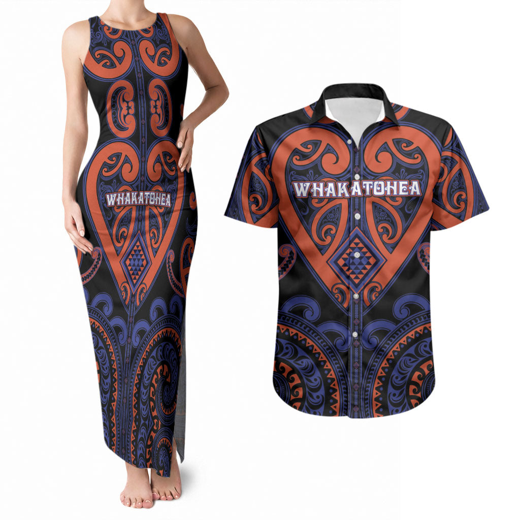 Custom Aotearoa Whakatohea Couples Matching Tank Maxi Dress and Hawaiian Shirt Maori Tribal Pattern LT05 Navy - Polynesian Pride