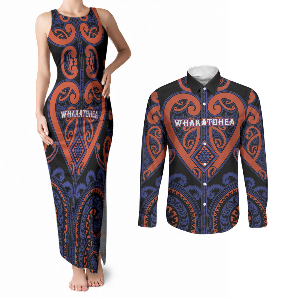 Custom Aotearoa Whakatohea Couples Matching Tank Maxi Dress and Long Sleeve Button Shirt Maori Tribal Pattern LT05 Navy - Polynesian Pride