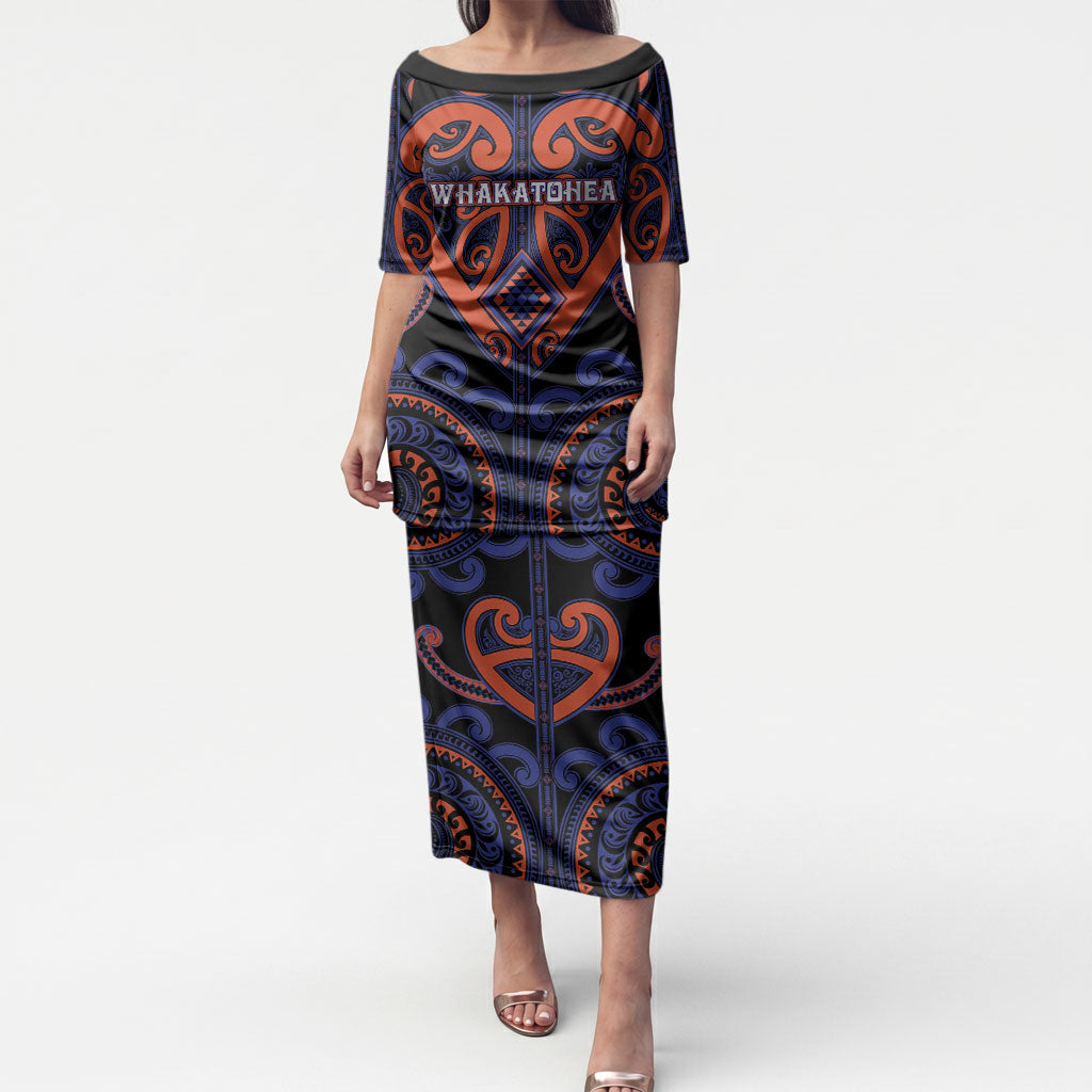 Custom Aotearoa Whakatohea Puletasi Maori Tribal Pattern LT05 Long Dress Navy - Polynesian Pride
