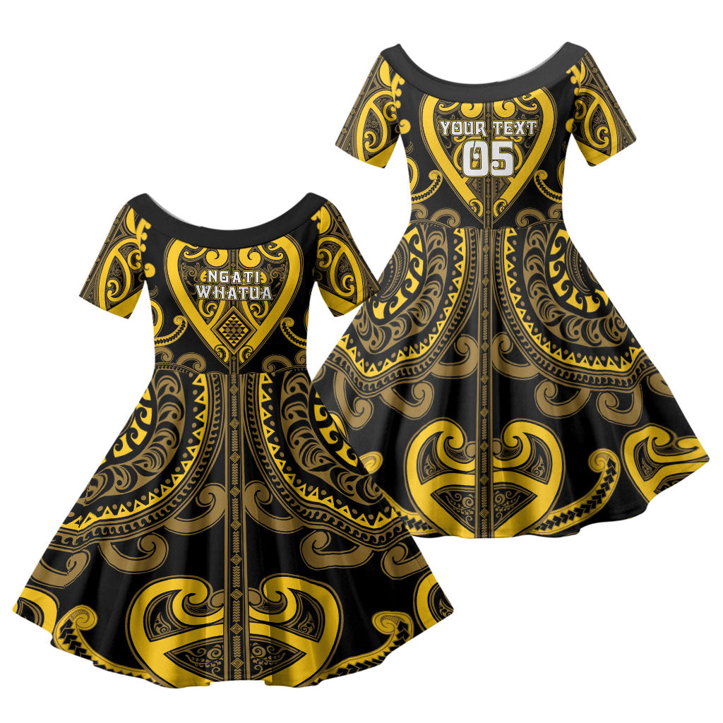 Custom Aotearoa Ngati Whatua Family Matching Off The Shoulder Long Sleeve Dress and Hawaiian Shirt Maori Tribal Pattern LT05 Daughter's Dress Yellow - Polynesian Pride