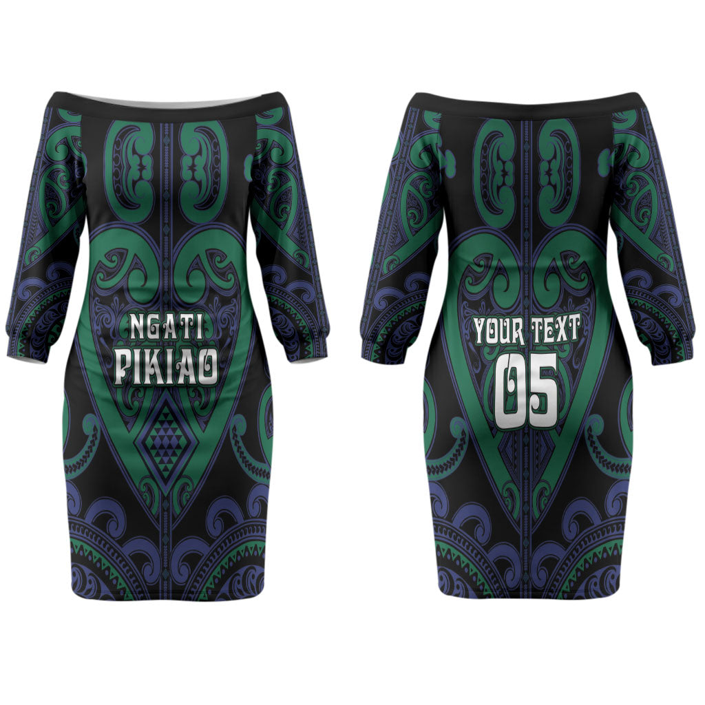 Custom Aotearoa Ngati Pikiao Family Matching Off The Shoulder Long Sleeve Dress and Hawaiian Shirt Maori Tribal Pattern LT05 Mom's Dress Green - Polynesian Pride