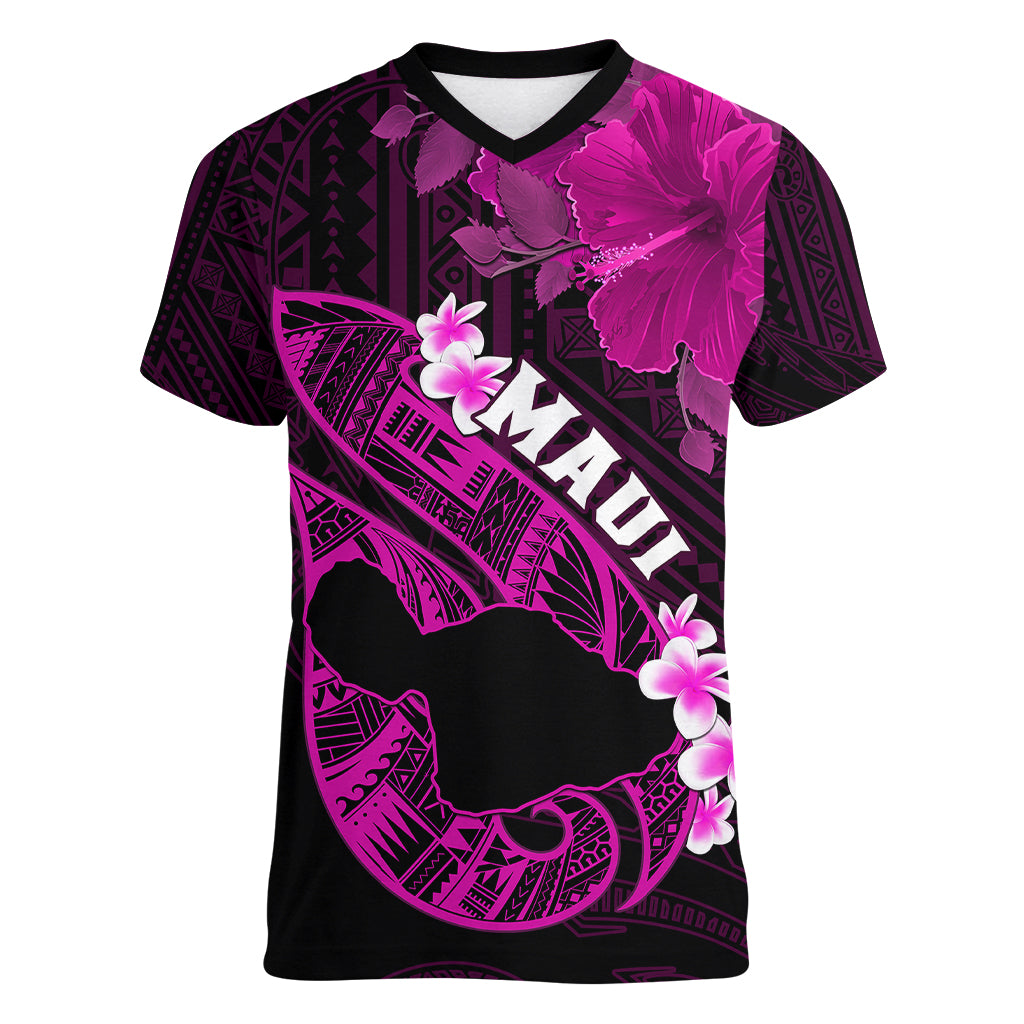 Hawaii Maui Women V Neck T Shirt Polynesian Fish Hook Hibiscus Pink Version LT05 Female Pink - Polynesian Pride