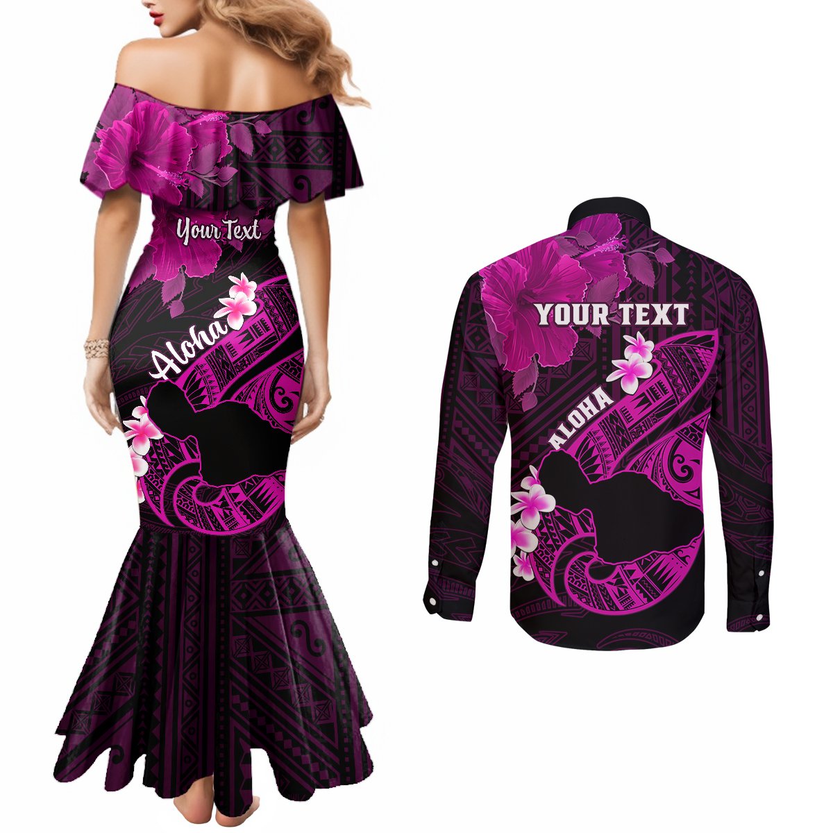 Personalized Hawaii Maui Couples Matching Mermaid Dress and Long Sleeve Button Shirts Polynesian Fish Hook Hibiscus Pink Version LT05 - Polynesian Pride
