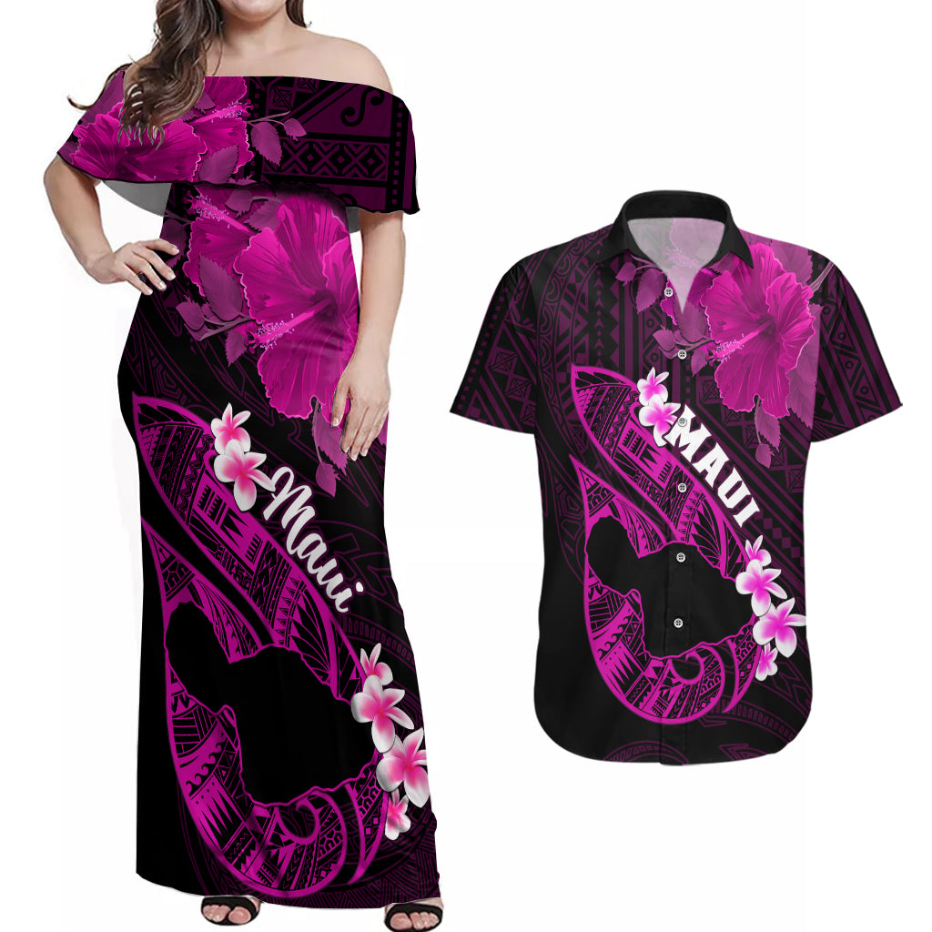 Personalized Hawaii Maui Couples Matching Off Shoulder Maxi Dress and Hawaiian Shirt Polynesian Fish Hook Hibiscus Pink Version LT05 Pink - Polynesian Pride