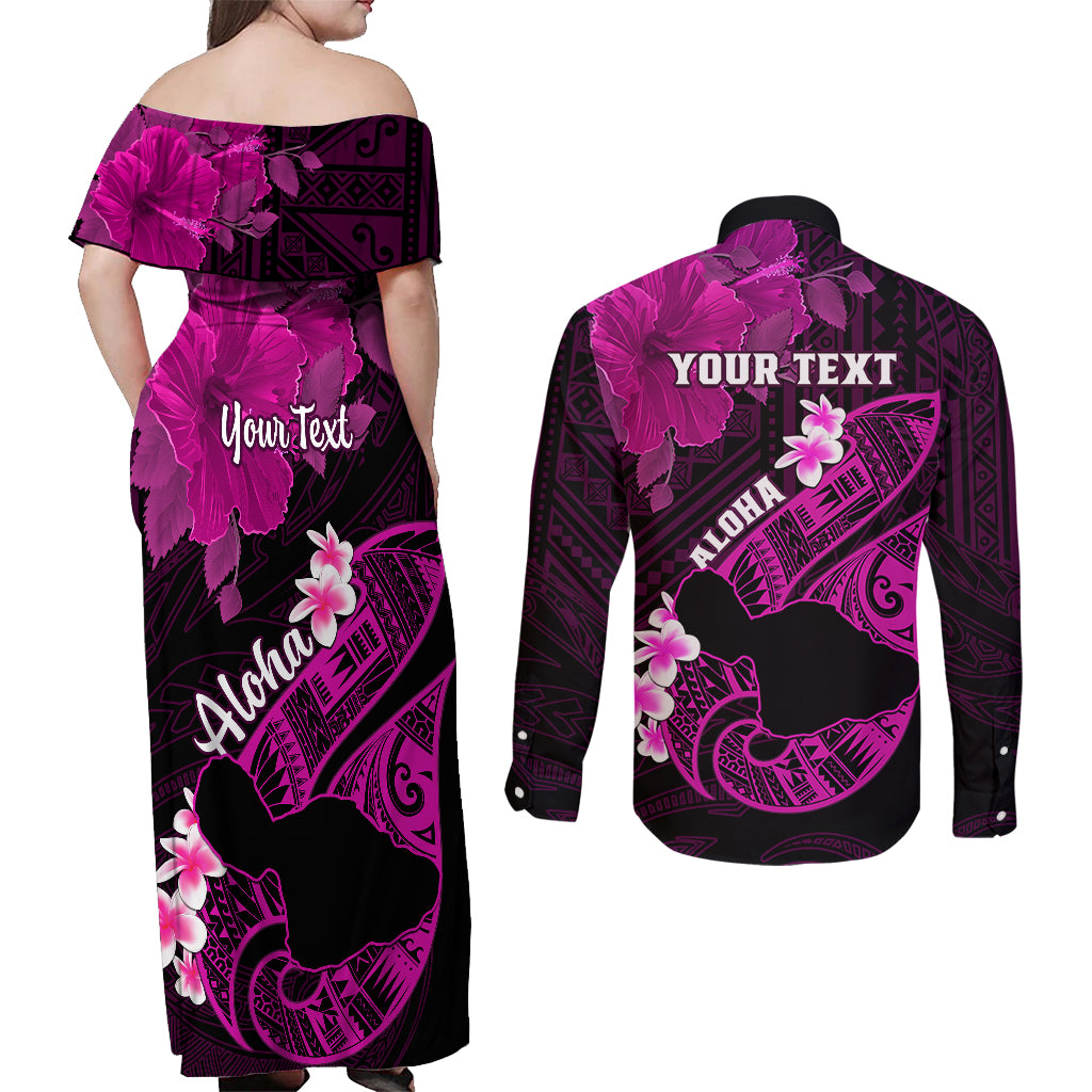 Personalized Hawaii Maui Couples Matching Off Shoulder Maxi Dress and Long Sleeve Button Shirts Polynesian Fish Hook Hibiscus Pink Version LT05 - Polynesian Pride