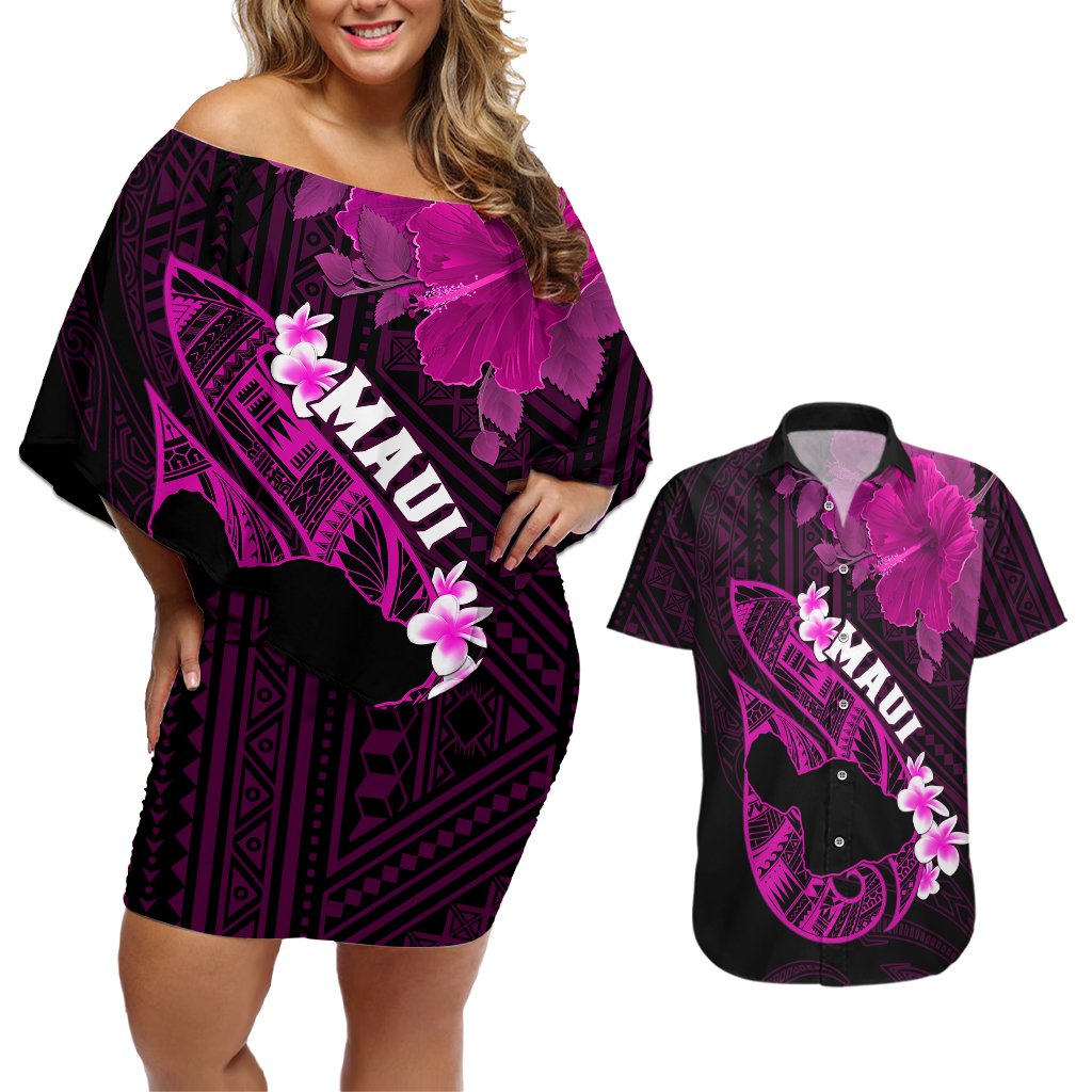 Personalized Hawaii Maui Couples Matching Off Shoulder Short Dress and Hawaiian Shirt Polynesian Fish Hook Hibiscus Pink Version LT05 Pink - Polynesian Pride