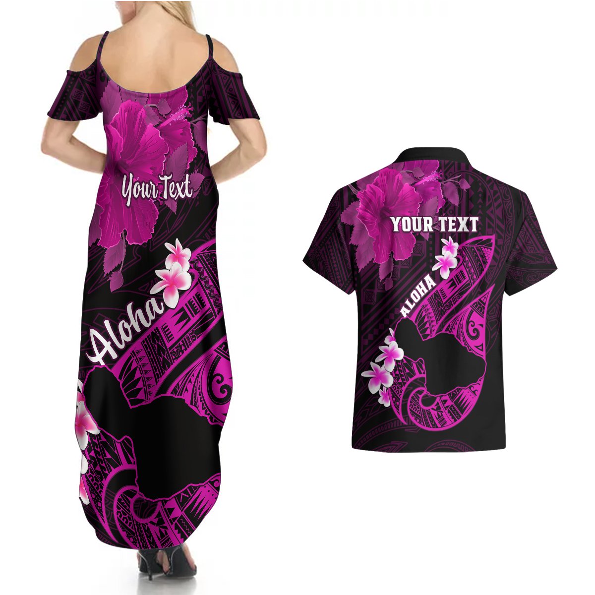 Personalized Hawaii Maui Couples Matching Summer Maxi Dress and Hawaiian Shirt Polynesian Fish Hook Hibiscus Pink Version LT05 - Polynesian Pride