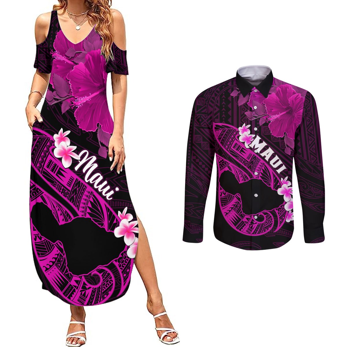 Personalized Hawaii Maui Couples Matching Summer Maxi Dress and Long Sleeve Button Shirts Polynesian Fish Hook Hibiscus Pink Version LT05 Pink - Polynesian Pride