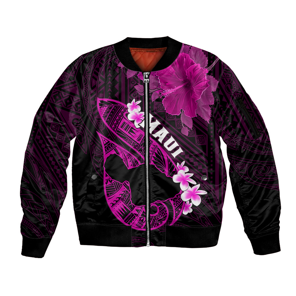 Personalized Hawaii Maui Sleeve Zip Bomber Jacket Polynesian Fish Hook Hibiscus Pink Version LT05 Unisex Pink - Polynesian Pride