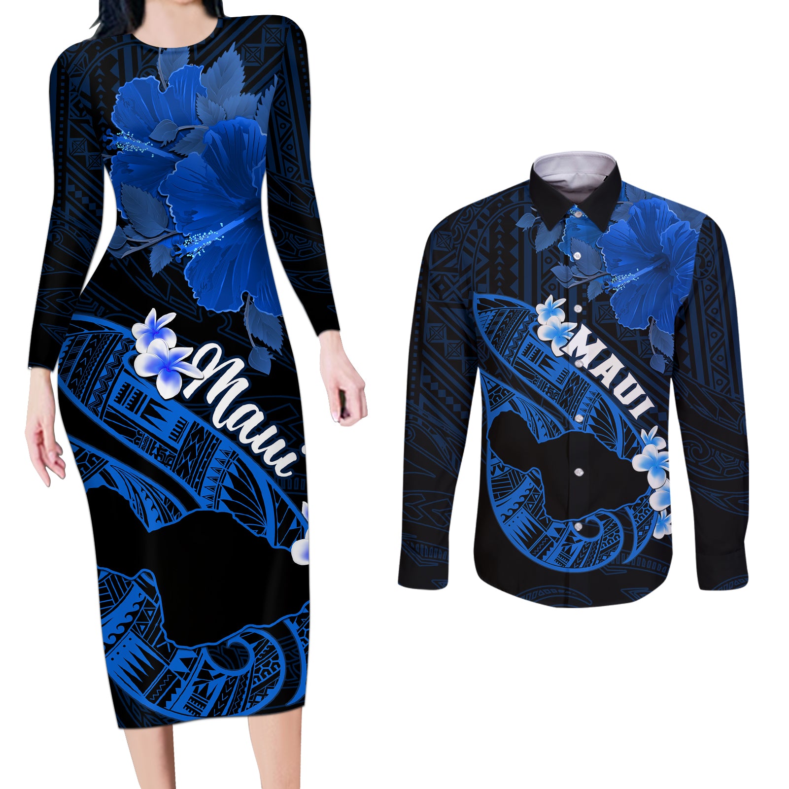 Hawaii Maui Couples Matching Long Sleeve Bodycon Dress and Long Sleeve Button Shirts Polynesian Fish Hook Hibiscus Blue Version LT05 Blue - Polynesian Pride