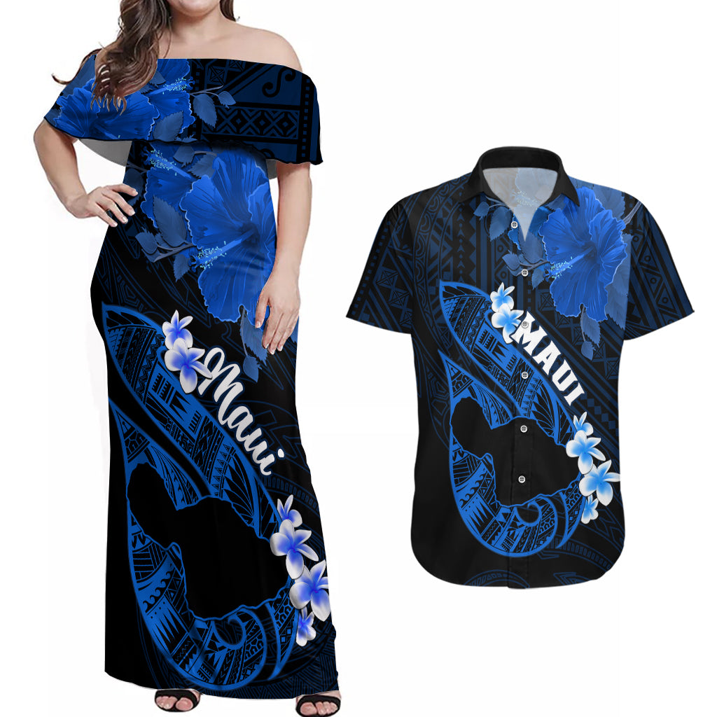 Hawaii Maui Couples Matching Off Shoulder Maxi Dress and Hawaiian Shirt Polynesian Fish Hook Hibiscus Blue Version LT05 Blue - Polynesian Pride