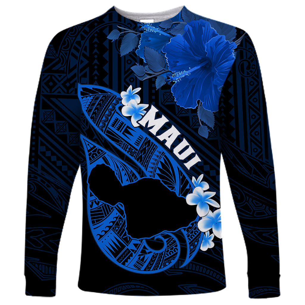 Hawaii Maui Long Sleeve Shirt Polynesian Fish Hook Hibiscus Blue Version LT05 Unisex Blue - Polynesian Pride