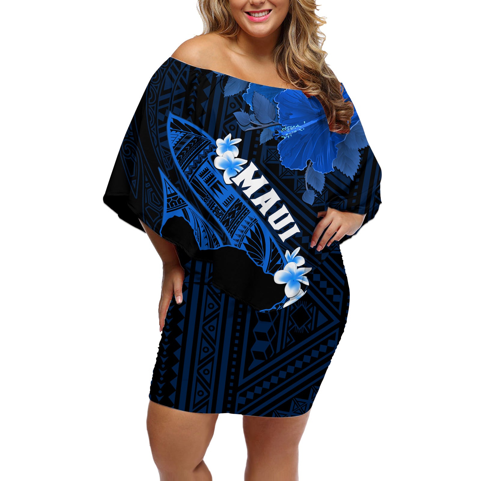 Hawaii Maui Off Shoulder Short Dress Polynesian Fish Hook Hibiscus Blue Version LT05 Women Blue - Polynesian Pride