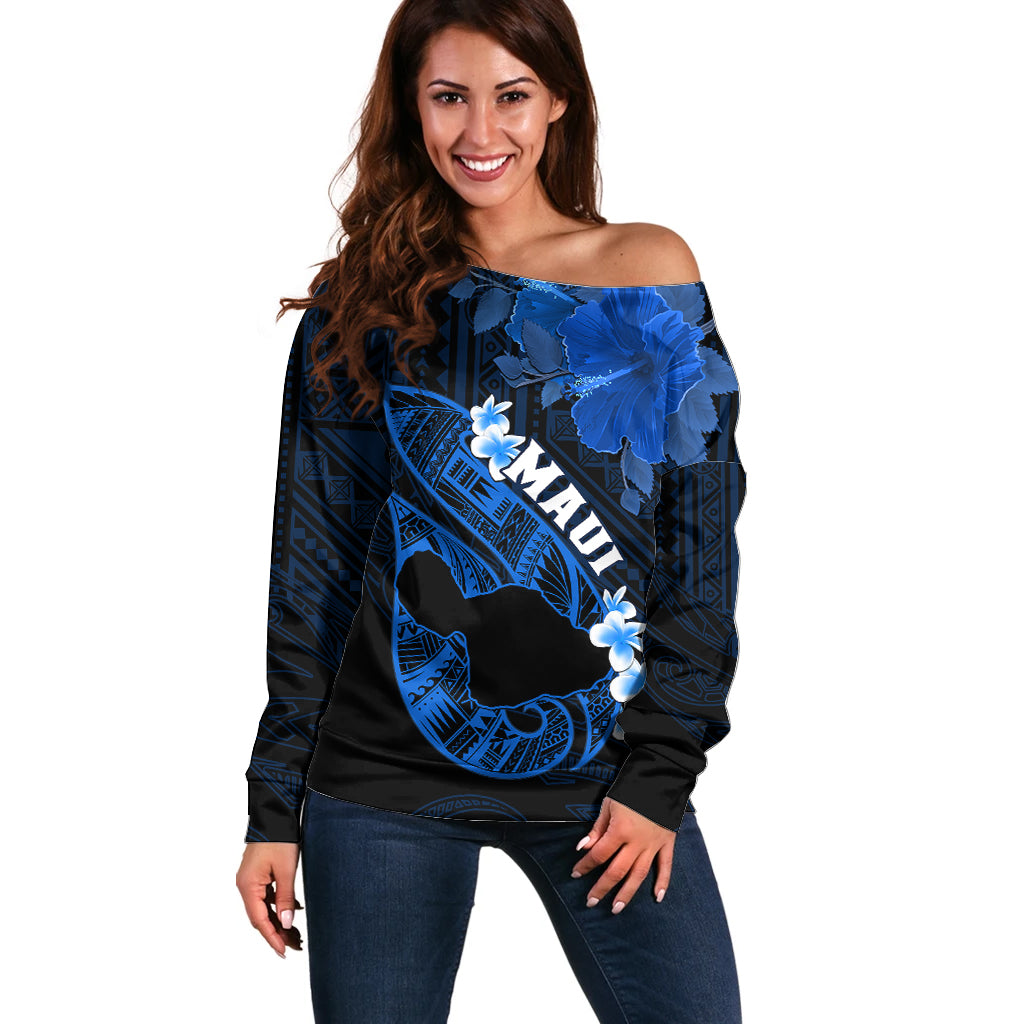 Hawaii Maui Off Shoulder Sweater Polynesian Fish Hook Hibiscus Blue Version LT05 Women Blue - Polynesian Pride