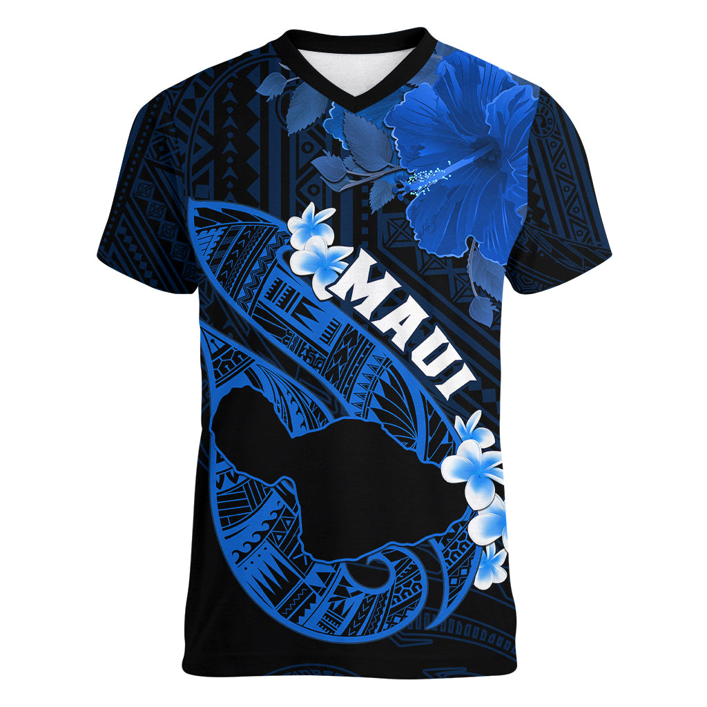 Hawaii Maui Women V Neck T Shirt Polynesian Fish Hook Hibiscus Blue Version LT05 Female Blue - Polynesian Pride