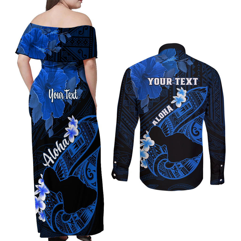 Personalized Hawaii Maui Couples Matching Off Shoulder Maxi Dress and Long Sleeve Button Shirts Polynesian Fish Hook Hibiscus Blue Version LT05 - Polynesian Pride