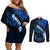 Personalized Hawaii Maui Couples Matching Off Shoulder Short Dress and Long Sleeve Button Shirts Polynesian Fish Hook Hibiscus Blue Version LT05 Blue - Polynesian Pride