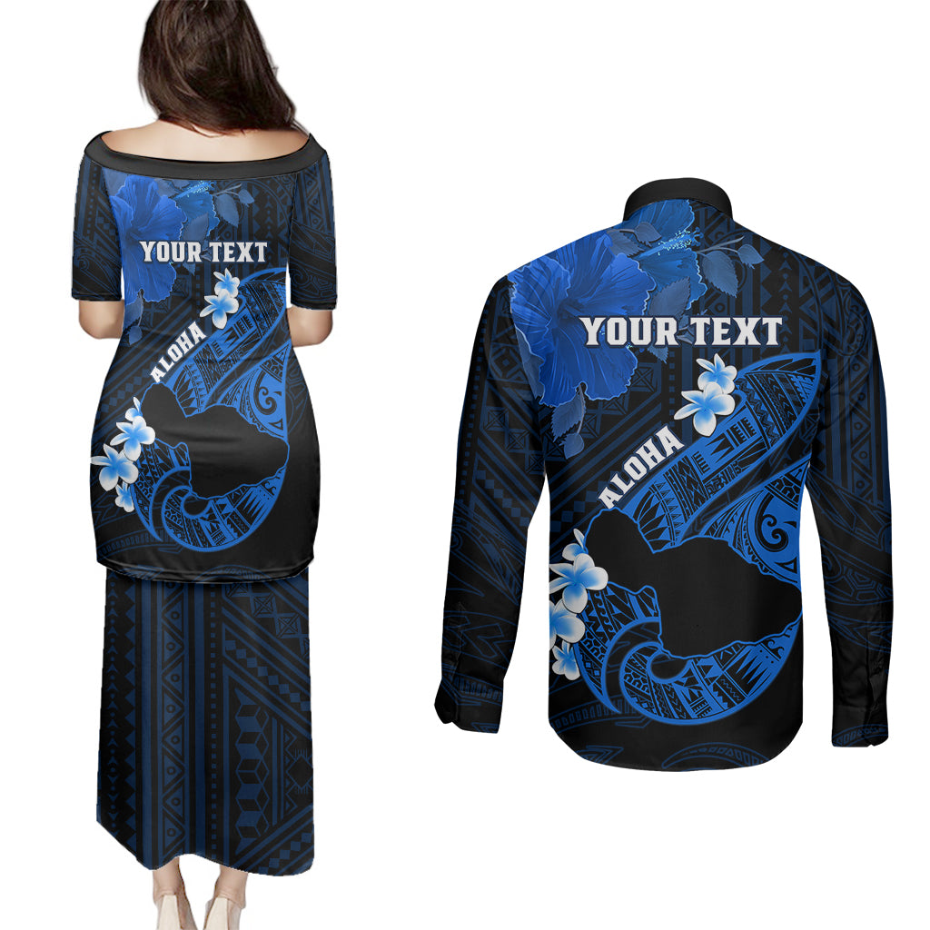 Personalized Hawaii Maui Couples Matching Puletasi Dress and Long Sleeve Button Shirts Polynesian Fish Hook Hibiscus Blue Version LT05 - Polynesian Pride