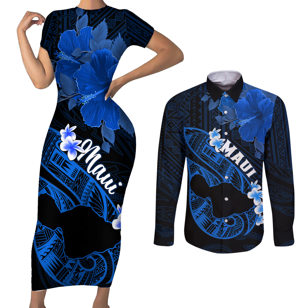 Personalized Hawaii Maui Couples Matching Short Sleeve Bodycon Dress and Long Sleeve Button Shirts Polynesian Fish Hook Hibiscus Blue Version LT05 Blue - Polynesian Pride