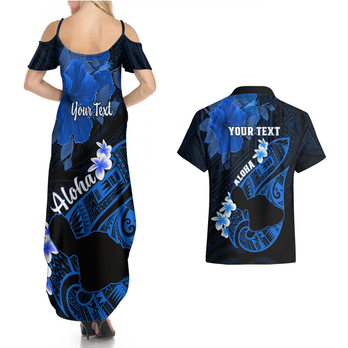 Personalized Hawaii Maui Couples Matching Summer Maxi Dress and Hawaiian Shirt Polynesian Fish Hook Hibiscus Blue Version LT05 - Polynesian Pride