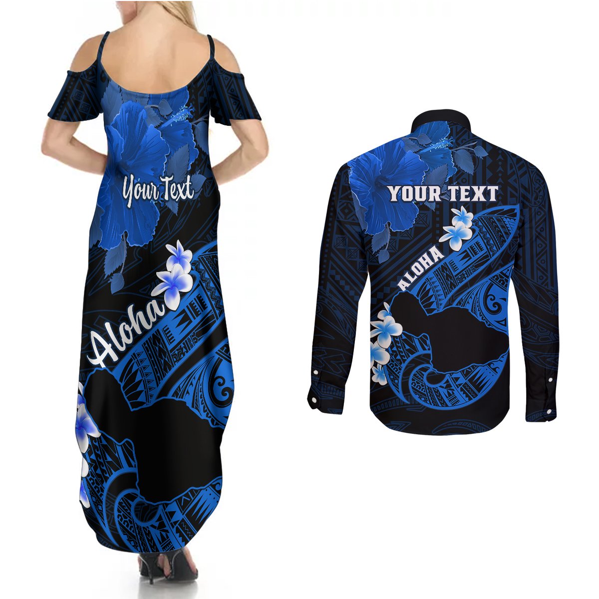 Personalized Hawaii Maui Couples Matching Summer Maxi Dress and Long Sleeve Button Shirts Polynesian Fish Hook Hibiscus Blue Version LT05 - Polynesian Pride
