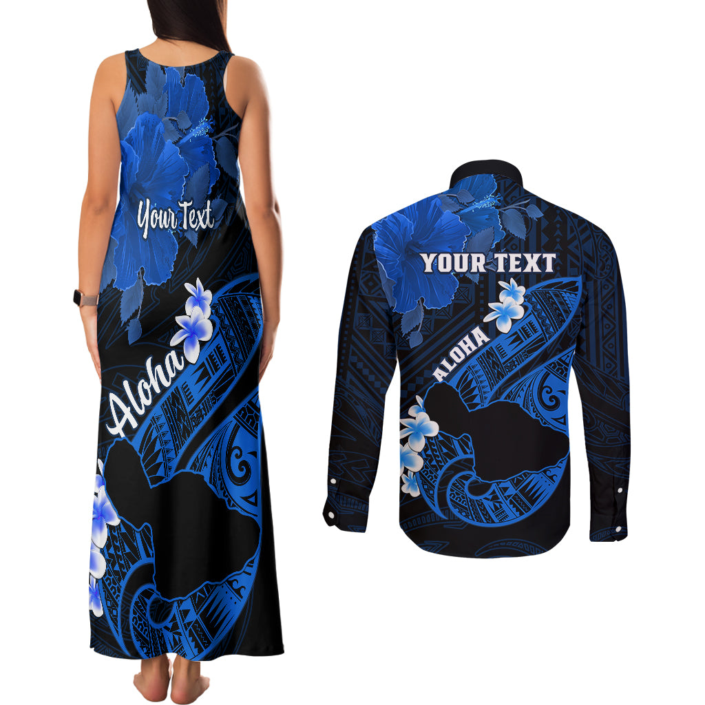 Personalized Hawaii Maui Couples Matching Tank Maxi Dress and Long Sleeve Button Shirts Polynesian Fish Hook Hibiscus Blue Version LT05 - Polynesian Pride