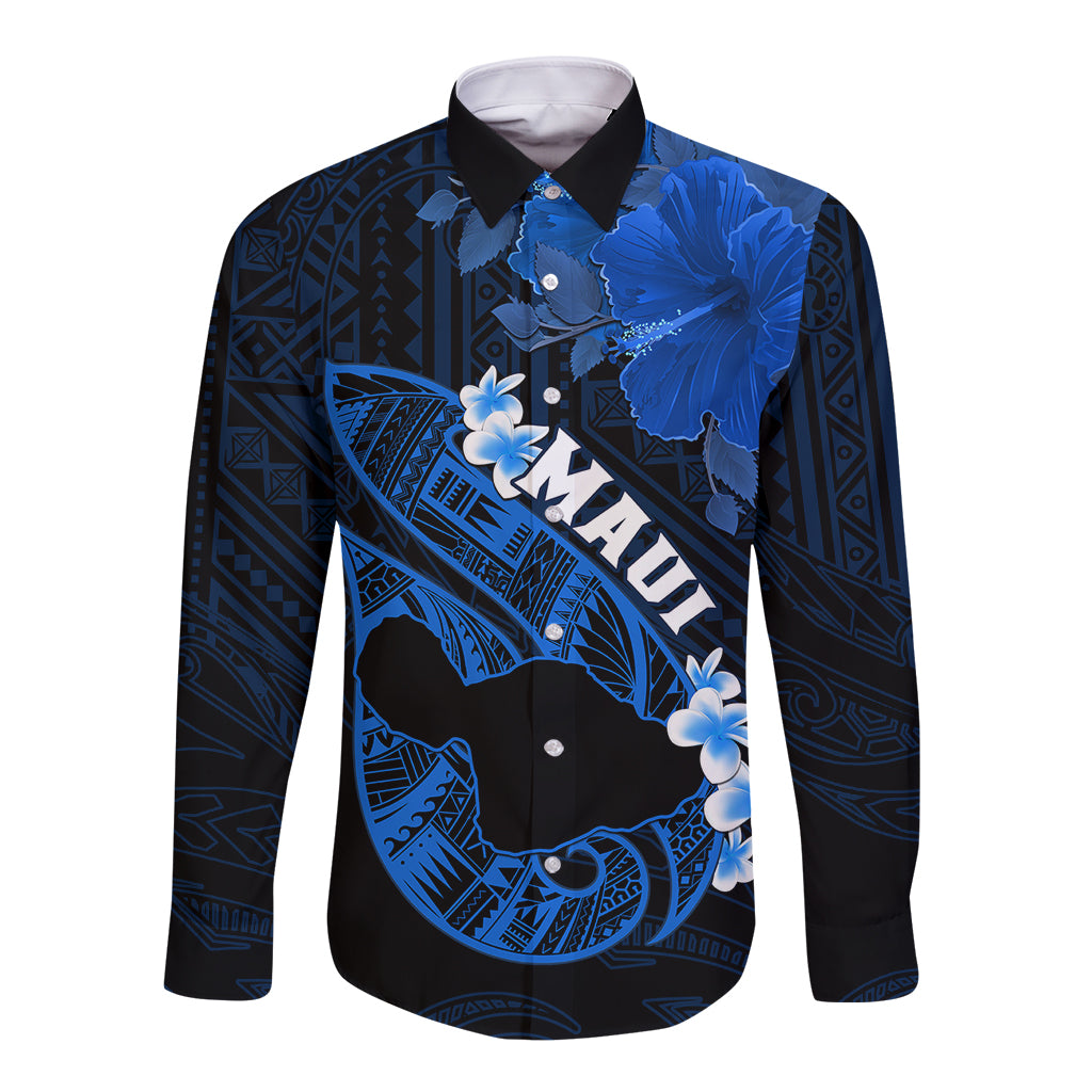 Personalized Hawaii Maui Long Sleeve Button Shirt Polynesian Fish Hook Hibiscus Blue Version LT05 Unisex Blue - Polynesian Pride