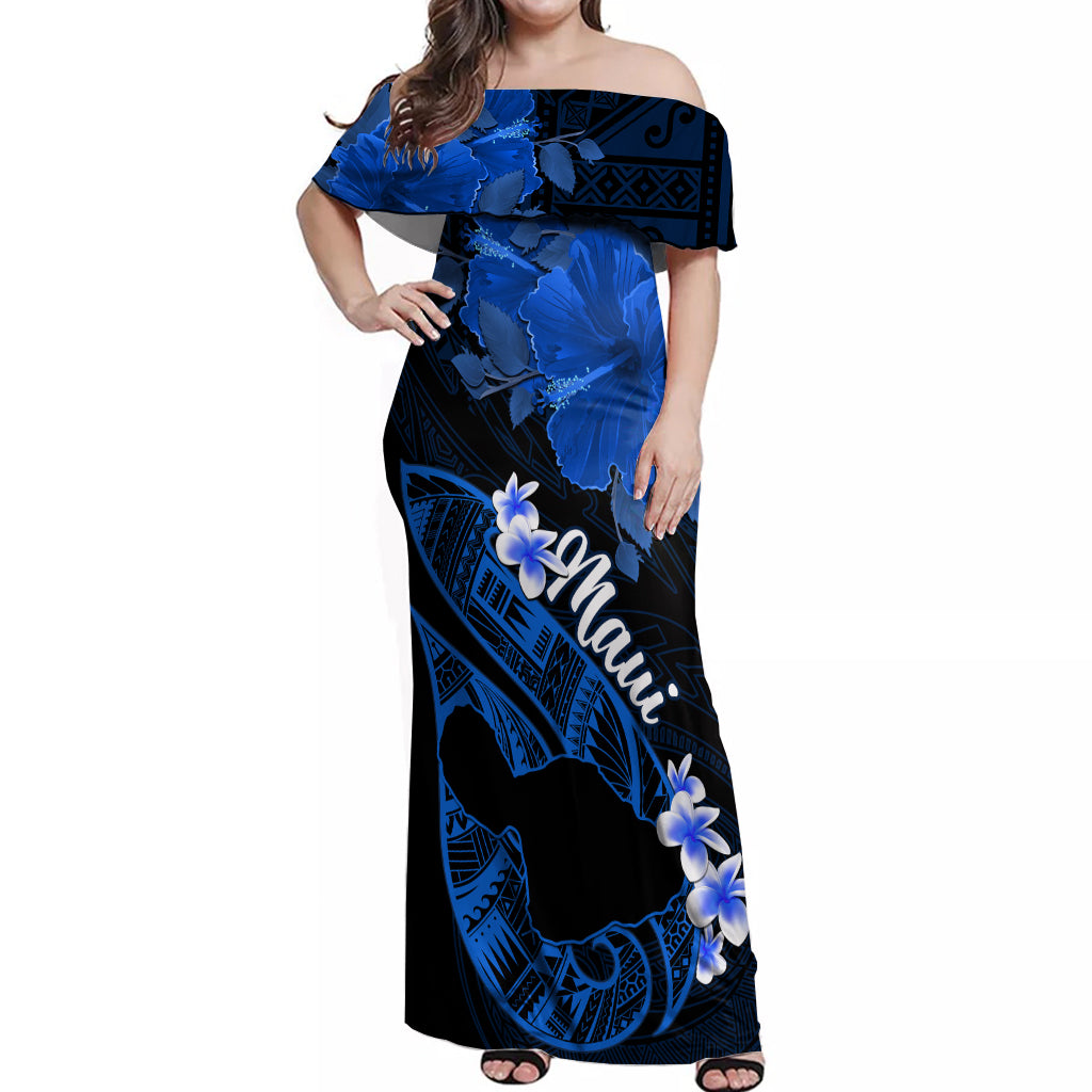 Personalized Hawaii Maui Off Shoulder Maxi Dress Polynesian Fish Hook Hibiscus Blue Version LT05 Women Blue - Polynesian Pride