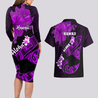 Hawaii Maui Couples Matching Long Sleeve Bodycon Dress and Hawaiian Shirt Polynesian Fish Hook Hibiscus Purple Version LT05 - Polynesian Pride