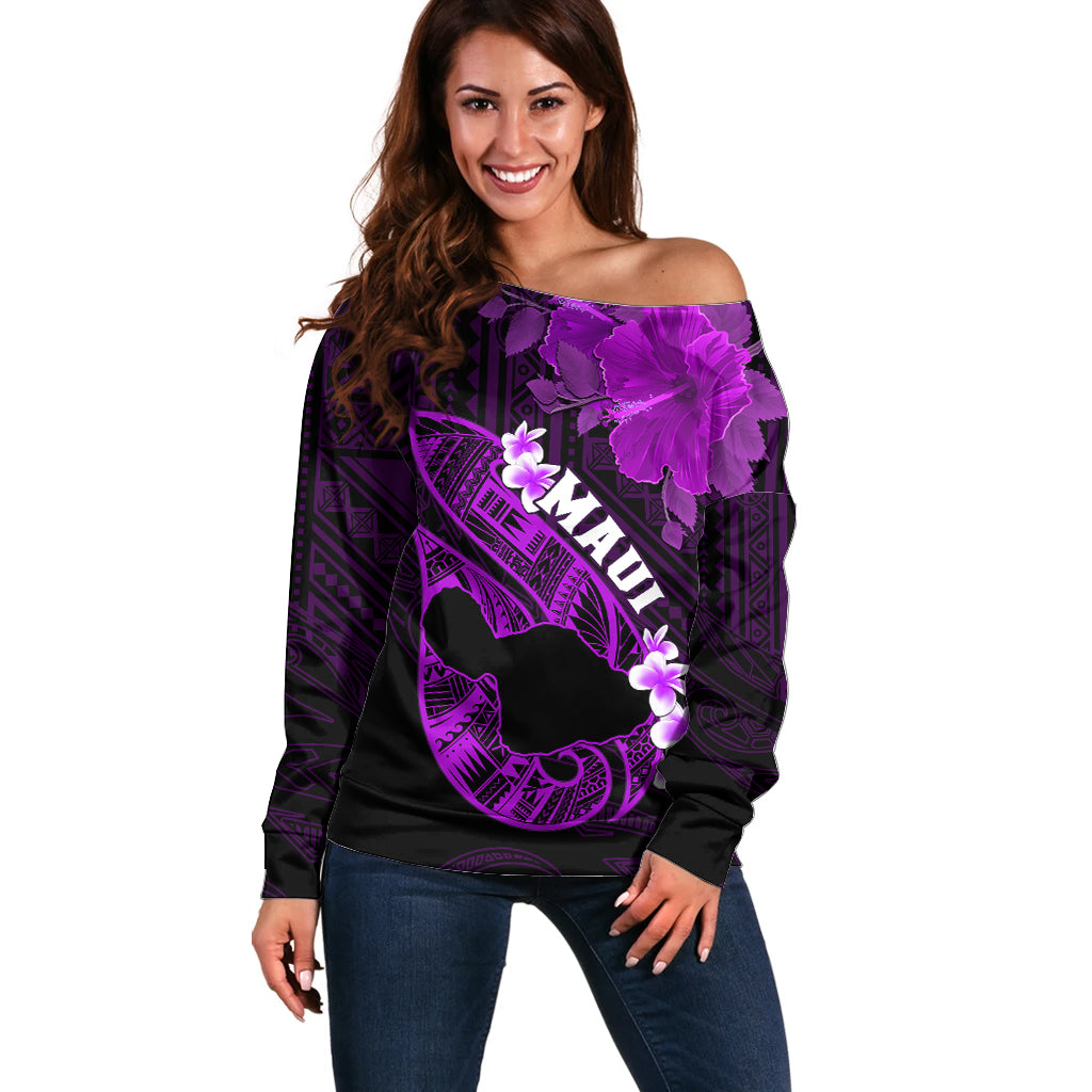 Hawaii Maui Off Shoulder Sweater Polynesian Fish Hook Hibiscus Purple Version LT05 Women Purple - Polynesian Pride