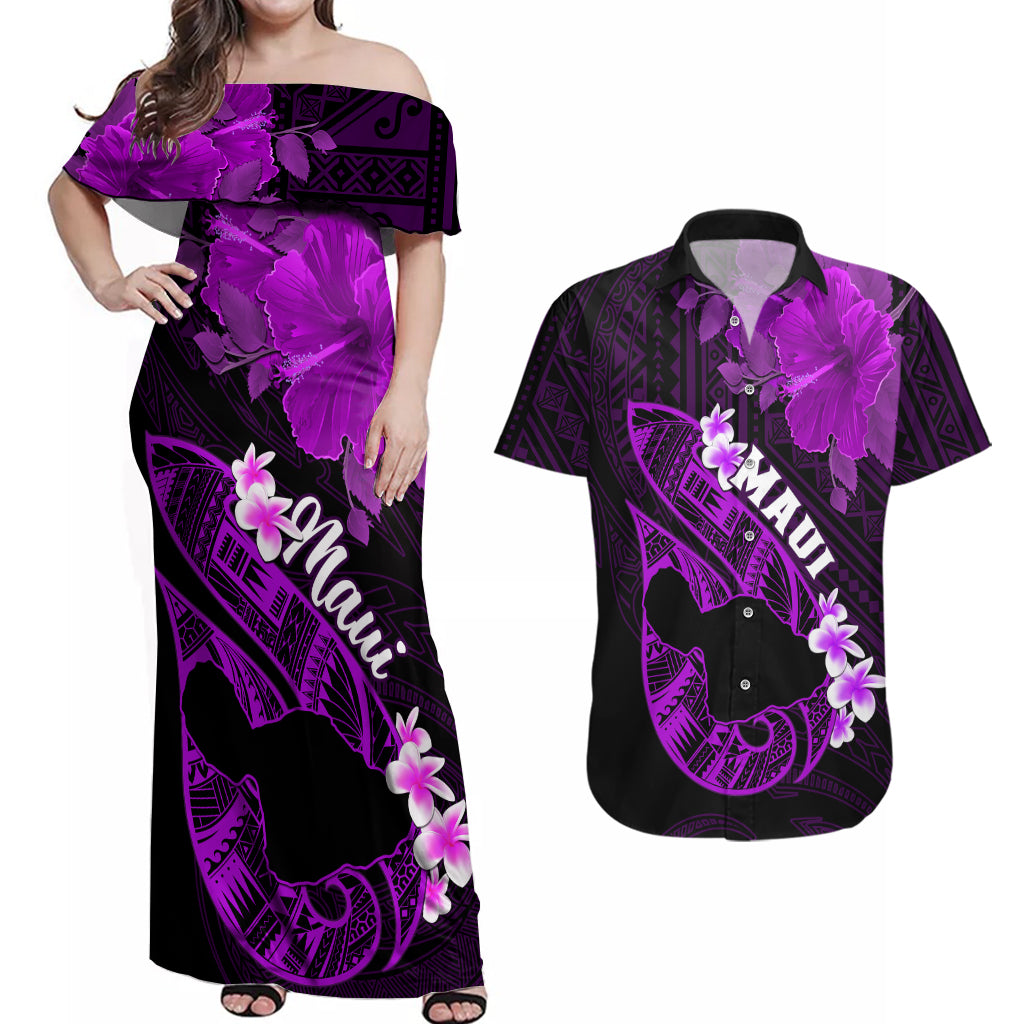 Personalized Hawaii Maui Couples Matching Off Shoulder Maxi Dress and Hawaiian Shirt Polynesian Fish Hook Hibiscus Purple Version LT05 Purple - Polynesian Pride