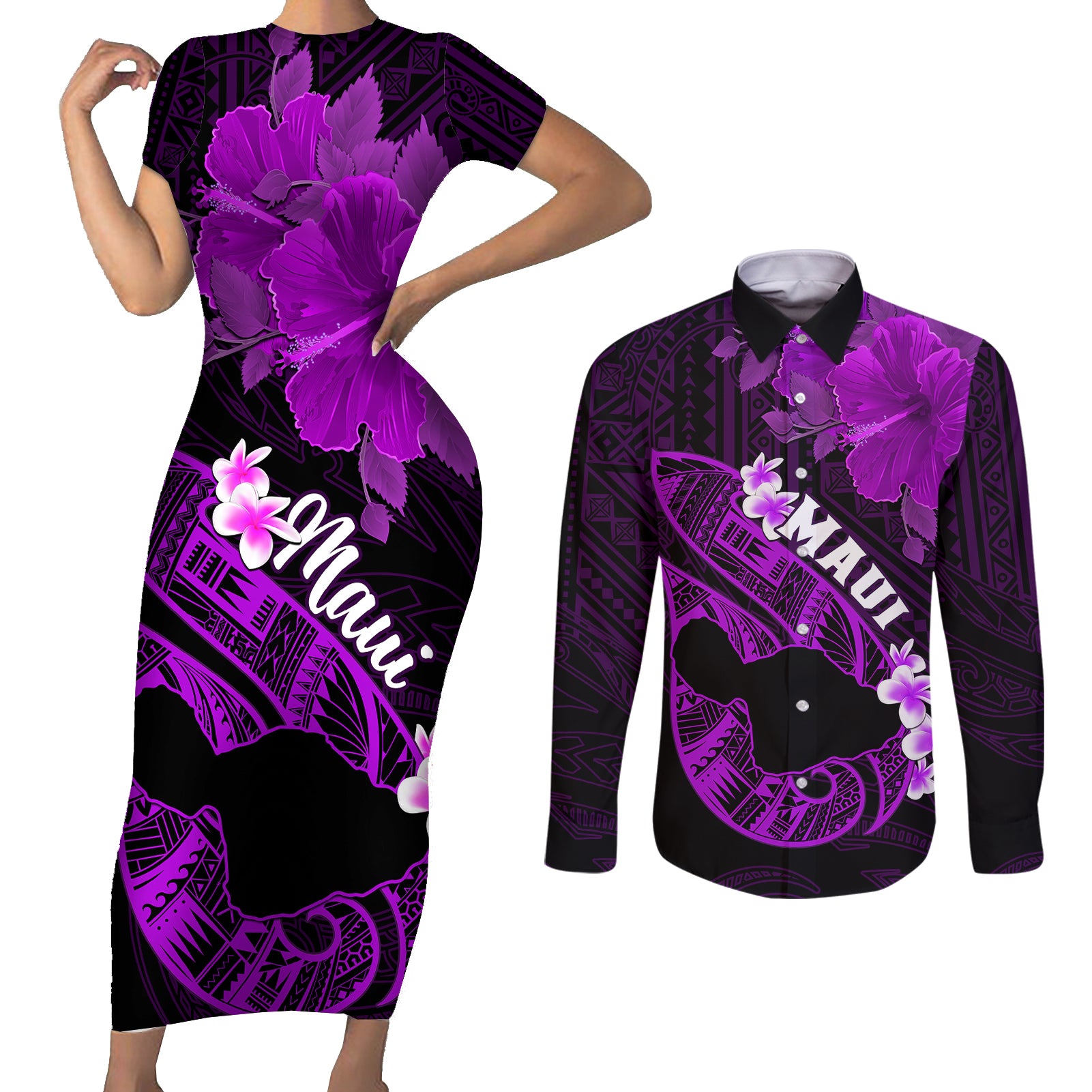 Personalized Hawaii Maui Couples Matching Short Sleeve Bodycon Dress and Long Sleeve Button Shirts Polynesian Fish Hook Hibiscus Purple Version LT05 Purple - Polynesian Pride