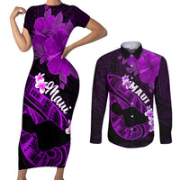 Personalized Hawaii Maui Couples Matching Short Sleeve Bodycon Dress and Long Sleeve Button Shirts Polynesian Fish Hook Hibiscus Purple Version LT05 Purple - Polynesian Pride