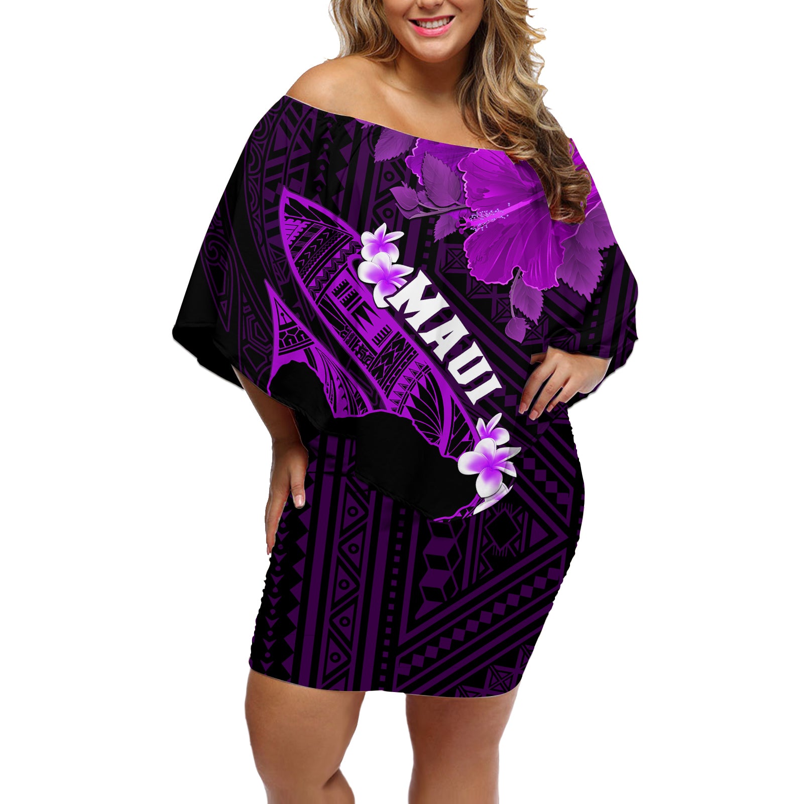 Personalized Hawaii Maui Off Shoulder Short Dress Polynesian Fish Hook Hibiscus Purple Version LT05 Women Purple - Polynesian Pride