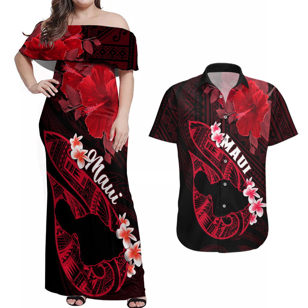 Hawaii Maui Couples Matching Off Shoulder Maxi Dress and Hawaiian Shirt Polynesian Fish Hook Hibiscus Red Version LT05 Red - Polynesian Pride