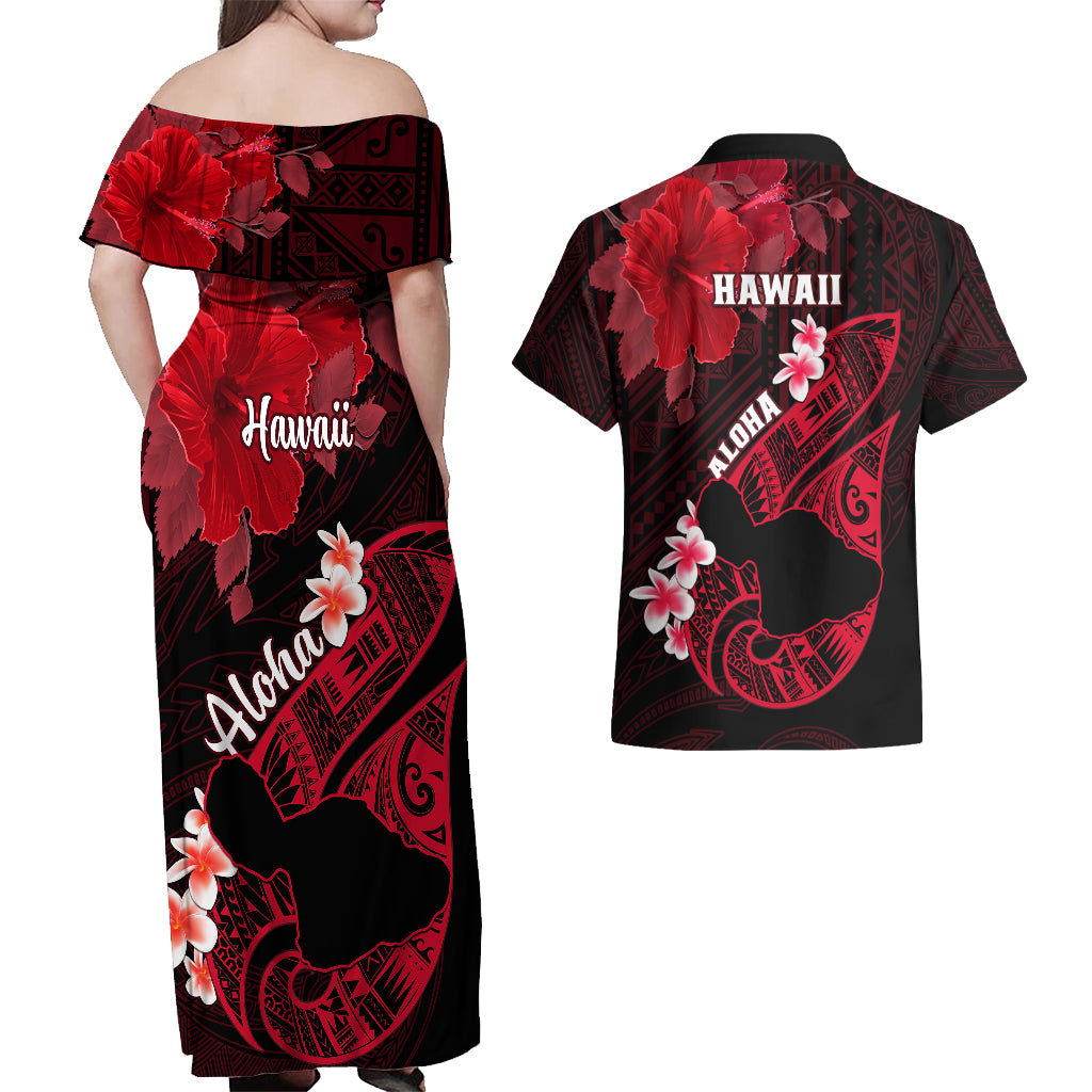 Hawaii Maui Couples Matching Off Shoulder Maxi Dress and Hawaiian Shirt Polynesian Fish Hook Hibiscus Red Version LT05 - Polynesian Pride