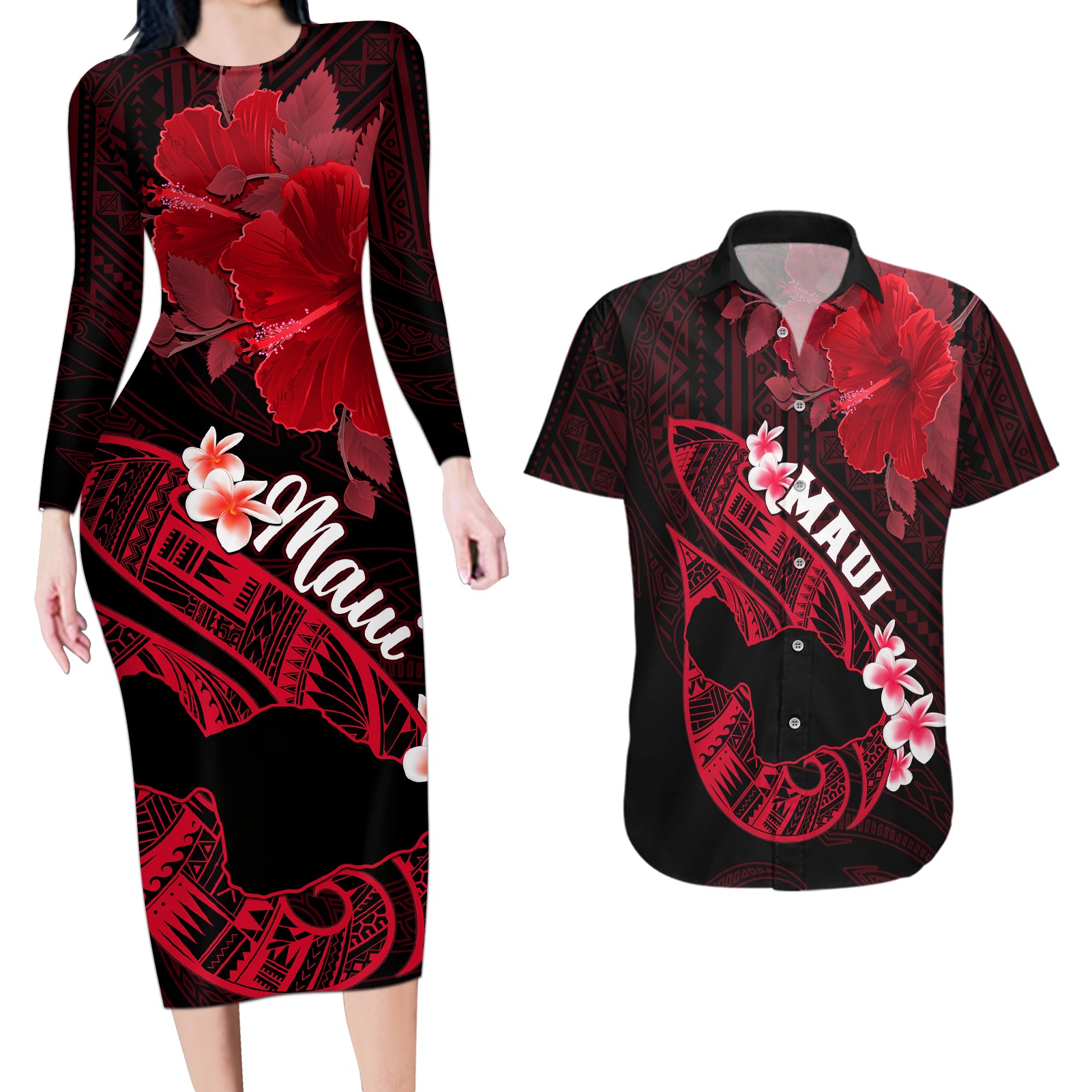 Personalized Hawaii Maui Couples Matching Long Sleeve Bodycon Dress and Hawaiian Shirt Polynesian Fish Hook Hibiscus Red Version LT05 Red - Polynesian Pride