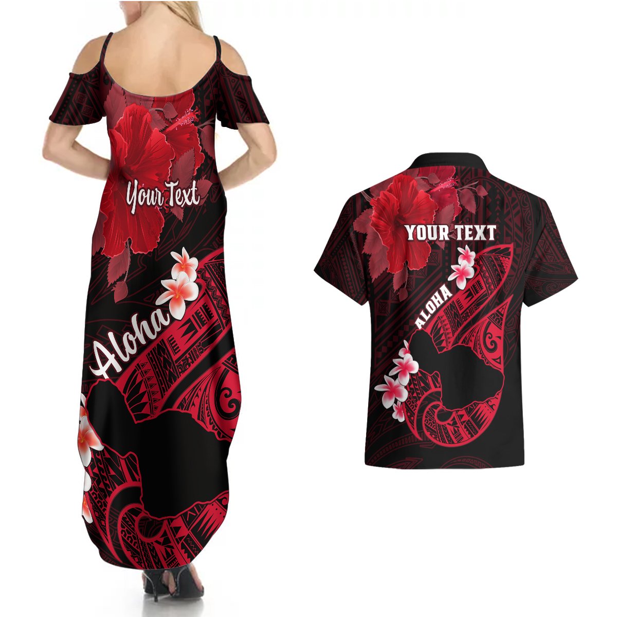 Personalized Hawaii Maui Couples Matching Summer Maxi Dress and Hawaiian Shirt Polynesian Fish Hook Hibiscus Red Version LT05 - Polynesian Pride