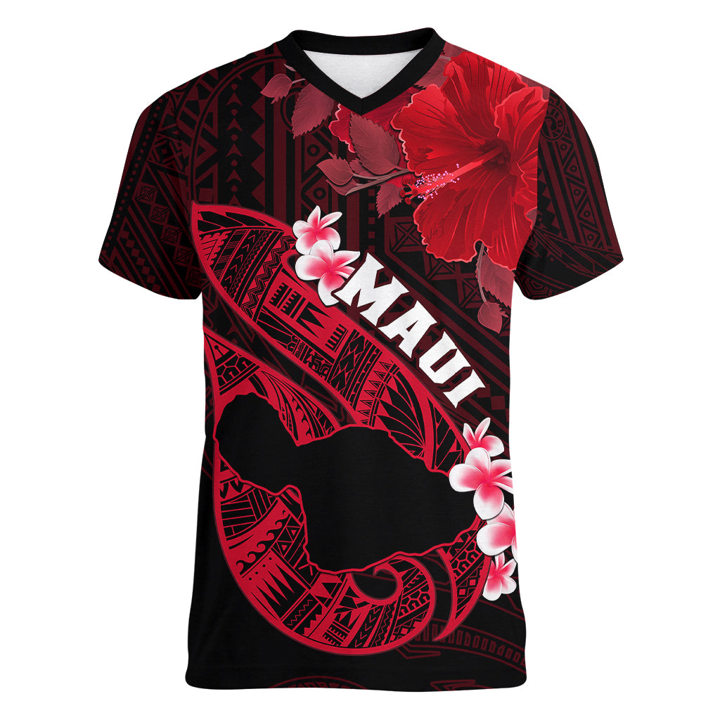 Personalized Hawaii Maui Women V Neck T Shirt Polynesian Fish Hook Hibiscus Red Version LT05 Female Red - Polynesian Pride