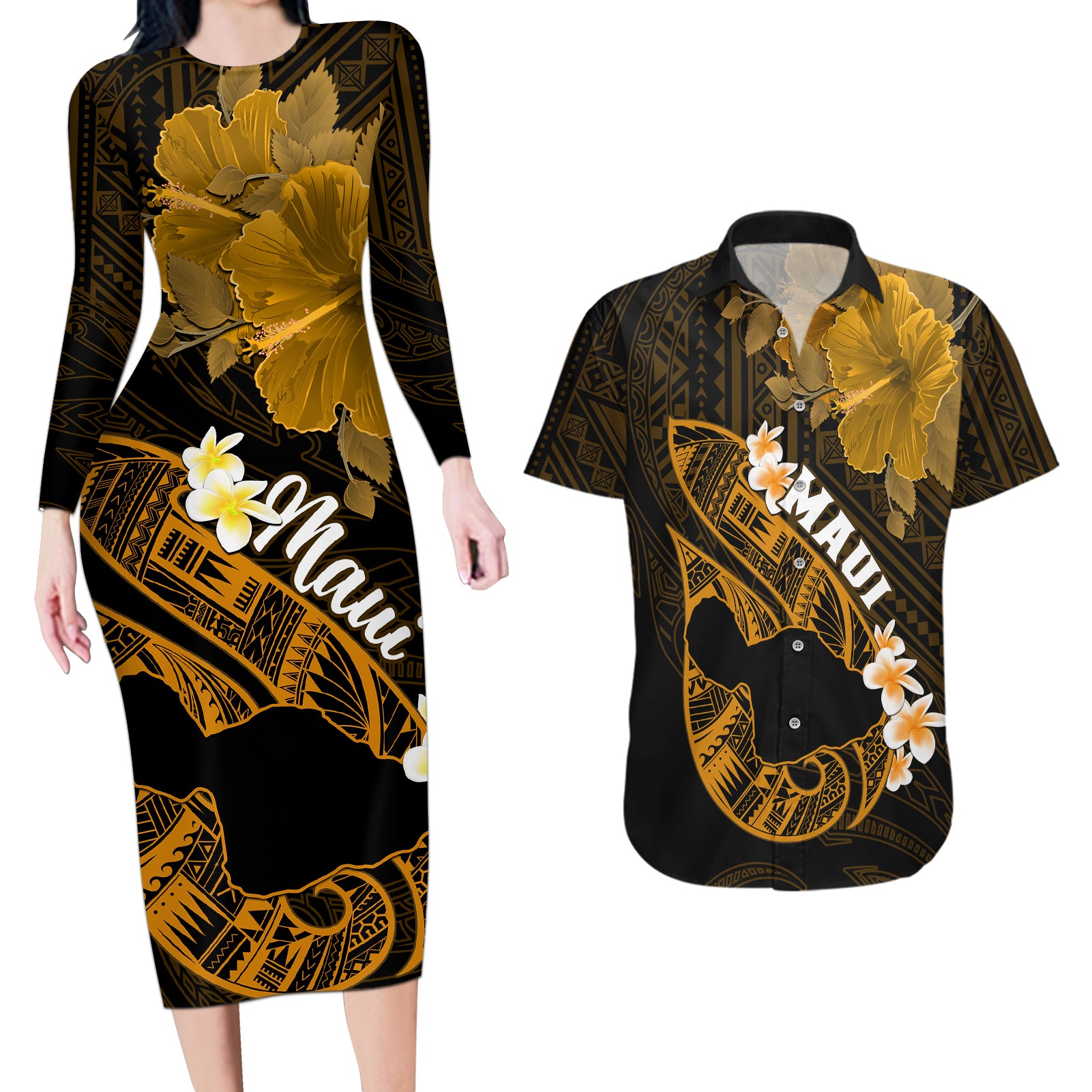 Hawaii Maui Couples Matching Long Sleeve Bodycon Dress and Hawaiian Shirt Polynesian Fish Hook Hibiscus Gold Version LT05 Gold - Polynesian Pride