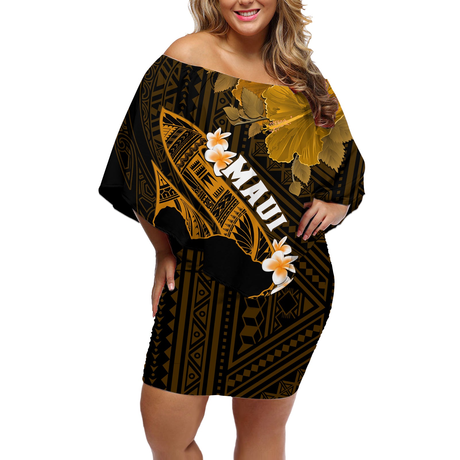 Hawaii Maui Off Shoulder Short Dress Polynesian Fish Hook Hibiscus Gold Version LT05 Women Gold - Polynesian Pride