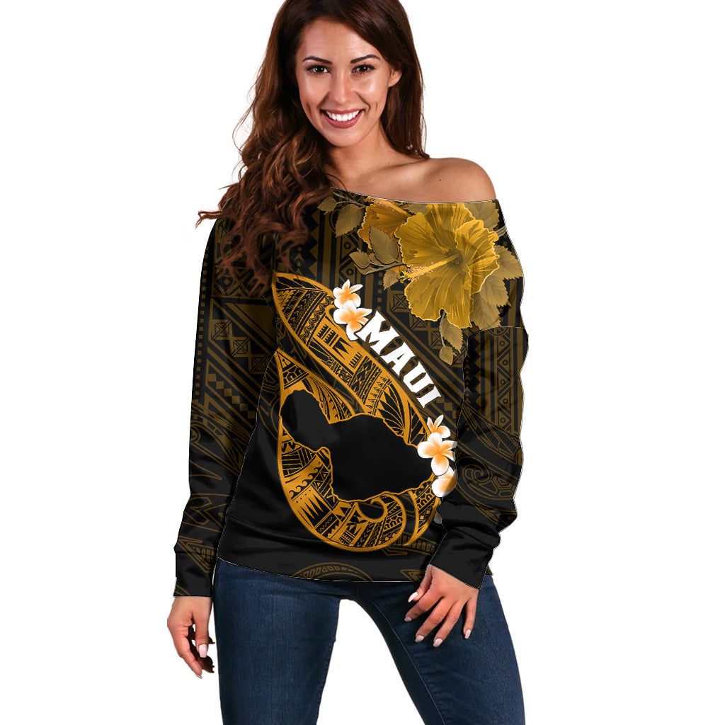 Hawaii Maui Off Shoulder Sweater Polynesian Fish Hook Hibiscus Gold Version LT05 Women Gold - Polynesian Pride