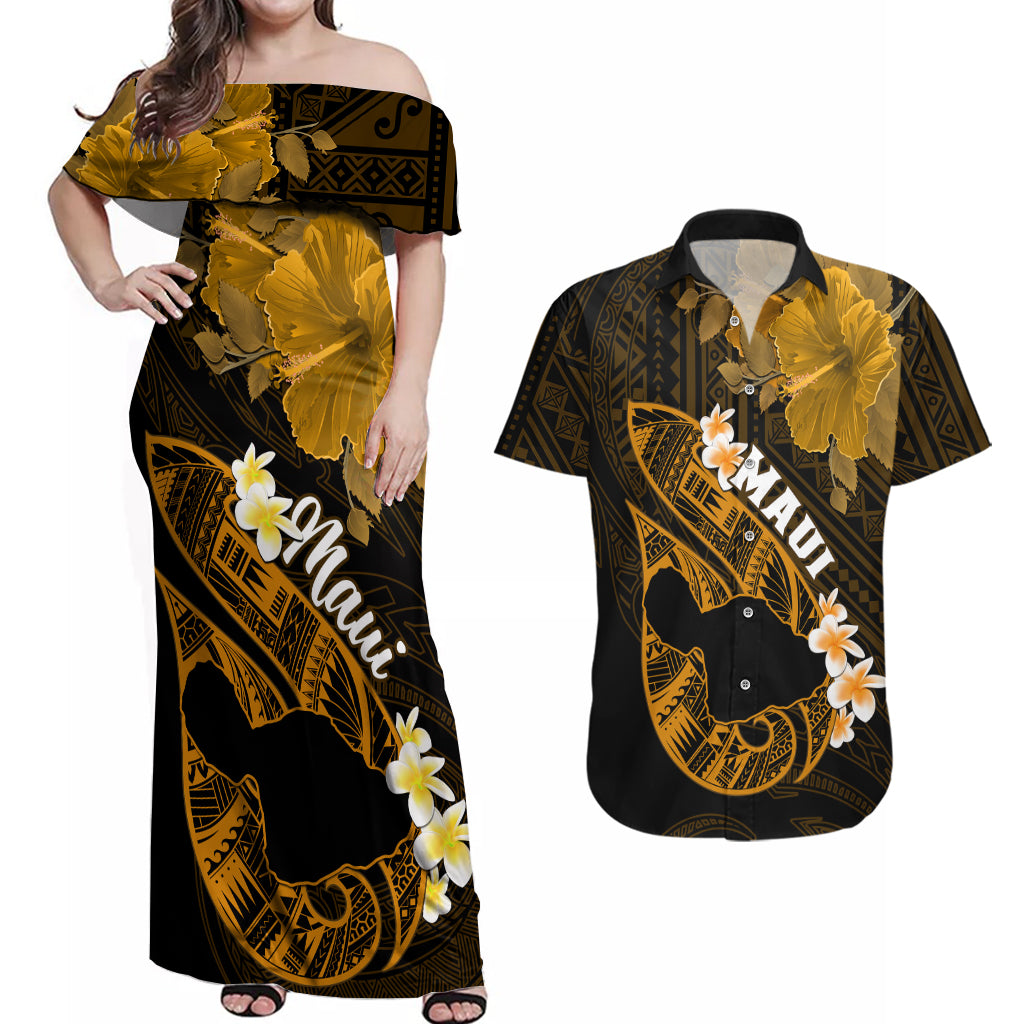 Personalized Hawaii Maui Couples Matching Off Shoulder Maxi Dress and Hawaiian Shirt Polynesian Fish Hook Hibiscus Gold Version LT05 Gold - Polynesian Pride