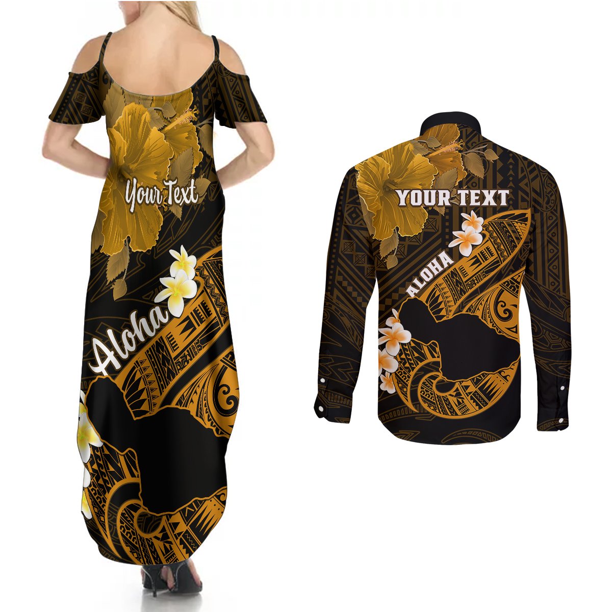 Personalized Hawaii Maui Couples Matching Summer Maxi Dress and Long Sleeve Button Shirts Polynesian Fish Hook Hibiscus Gold Version LT05 - Polynesian Pride