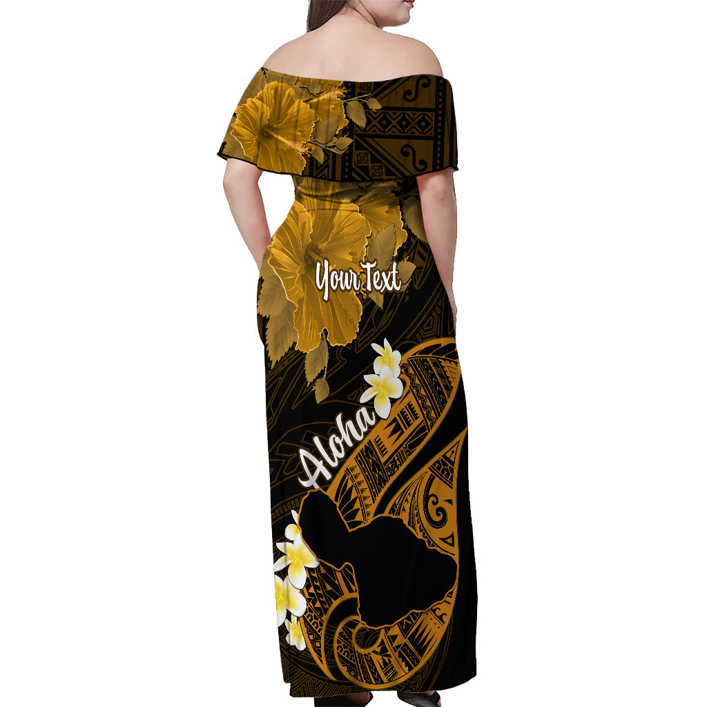 Personalized Hawaii Maui Off Shoulder Maxi Dress Polynesian Fish Hook Hibiscus Gold Version LT05 - Polynesian Pride