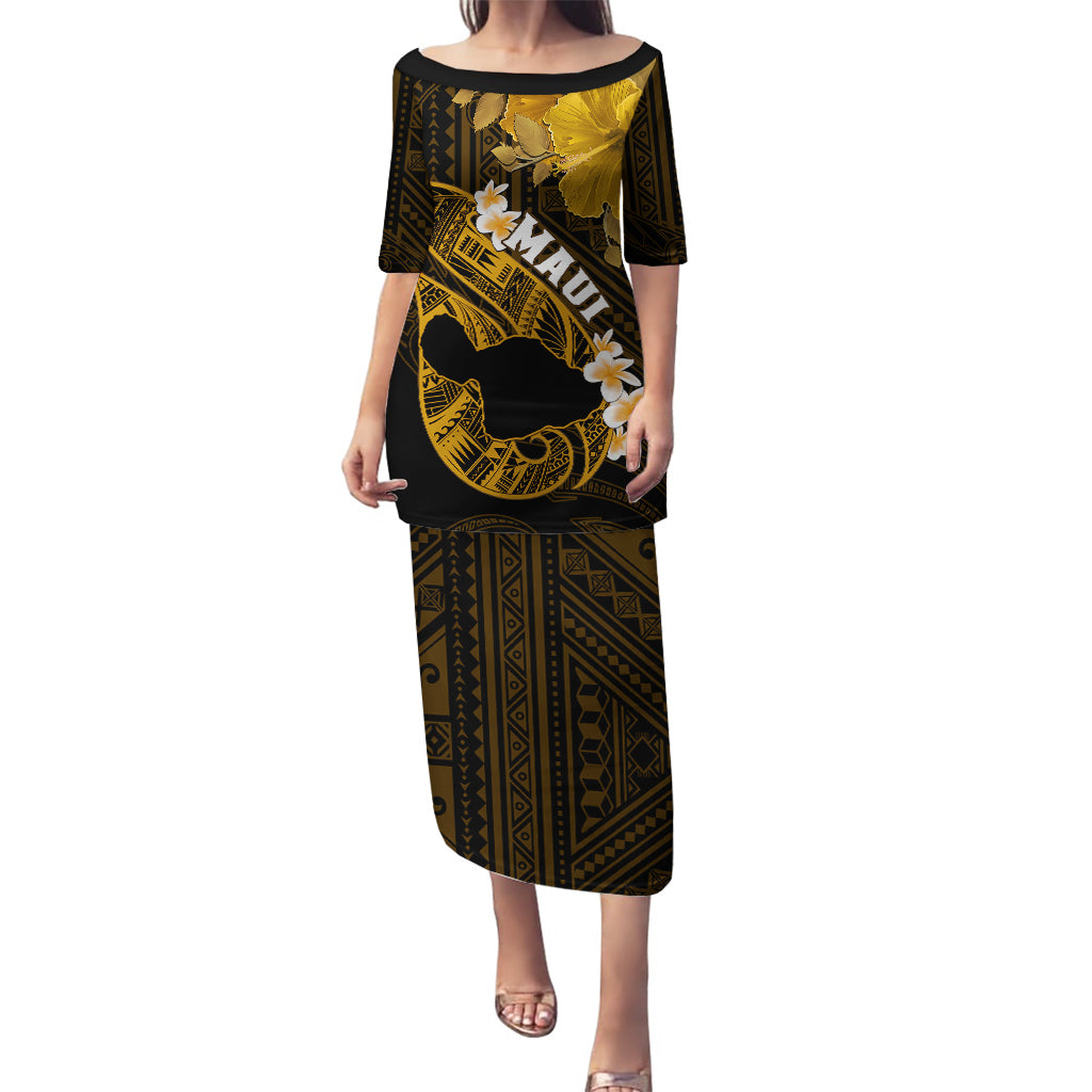 Personalized Hawaii Maui Puletasi Polynesian Fish Hook Hibiscus Gold Version LT05 Long Dress Gold - Polynesian Pride