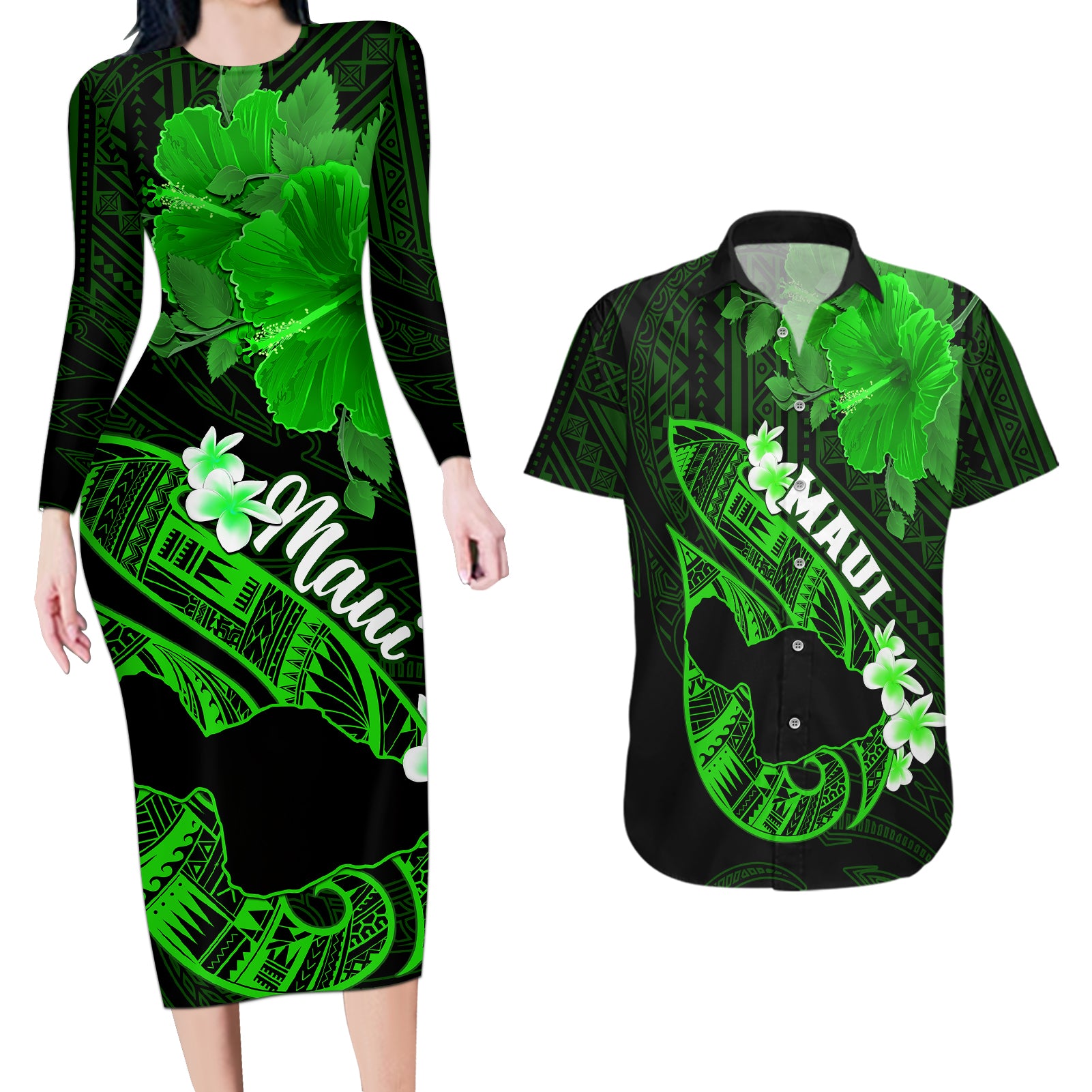 Hawaii Maui Couples Matching Long Sleeve Bodycon Dress and Hawaiian Shirt Polynesian Fish Hook Hibiscus Green Version LT05 Green - Polynesian Pride